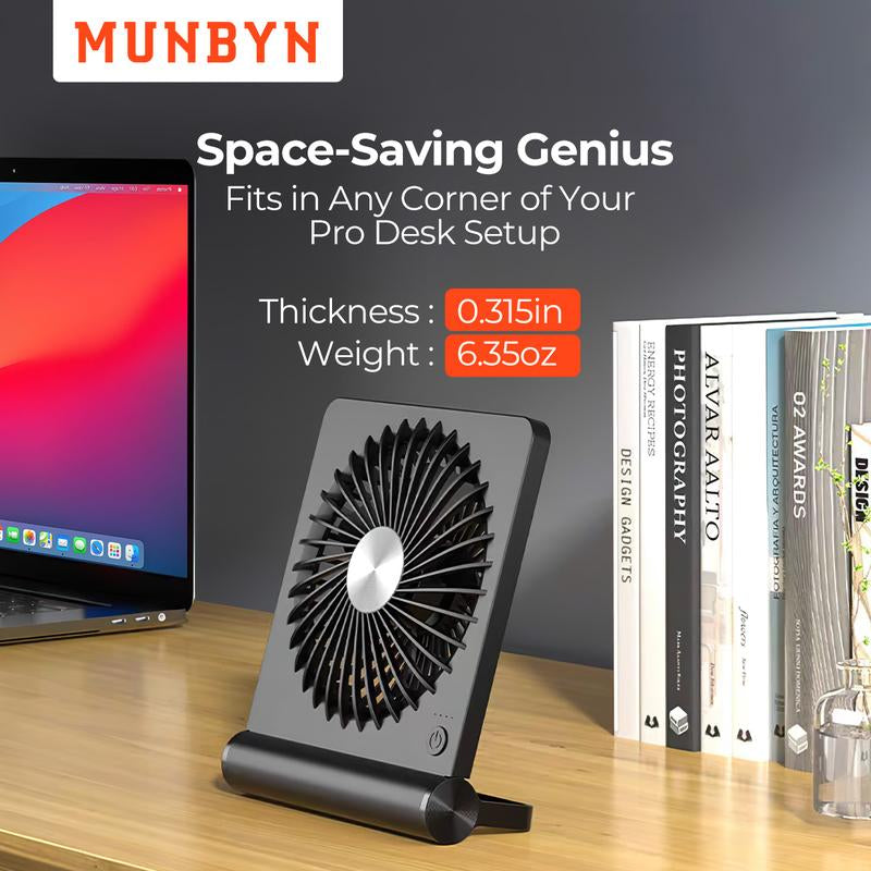 【MUNBYN Mini Desk Fan】Rechargeable Fan with Strong Airflow&2000Mah Battery, Portable Fan for Summer with 3 Speed Adjustable Ultra-Quiet Table Fan, Room Accessories