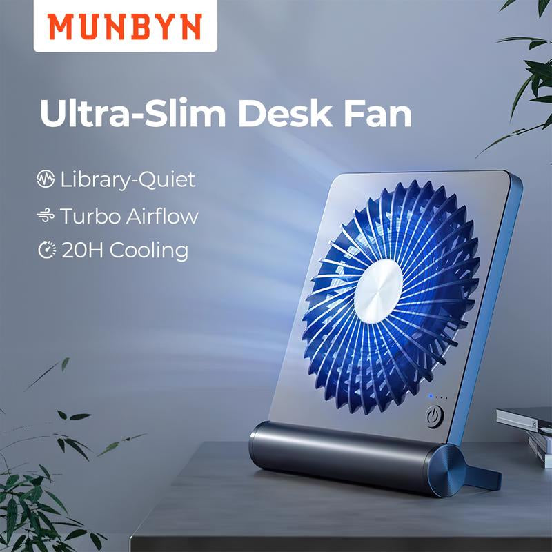 【MUNBYN Mini Desk Fan】Rechargeable Fan with Strong Airflow&2000Mah Battery, Portable Fan for Summer with 3 Speed Adjustable Ultra-Quiet Table Fan, Room Accessories