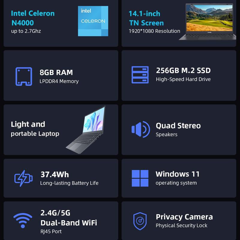 RNRUO Windows 11 Laptop, 14-Inch 1366*768 TN Display, Intel N4000 Dual-Core Processor,2.6Ghz,8Gb RAM, 256GB SSD ROM, 4800Mah Long Battery Life, Suitable for Student Study, Business Office and Other Scenarios