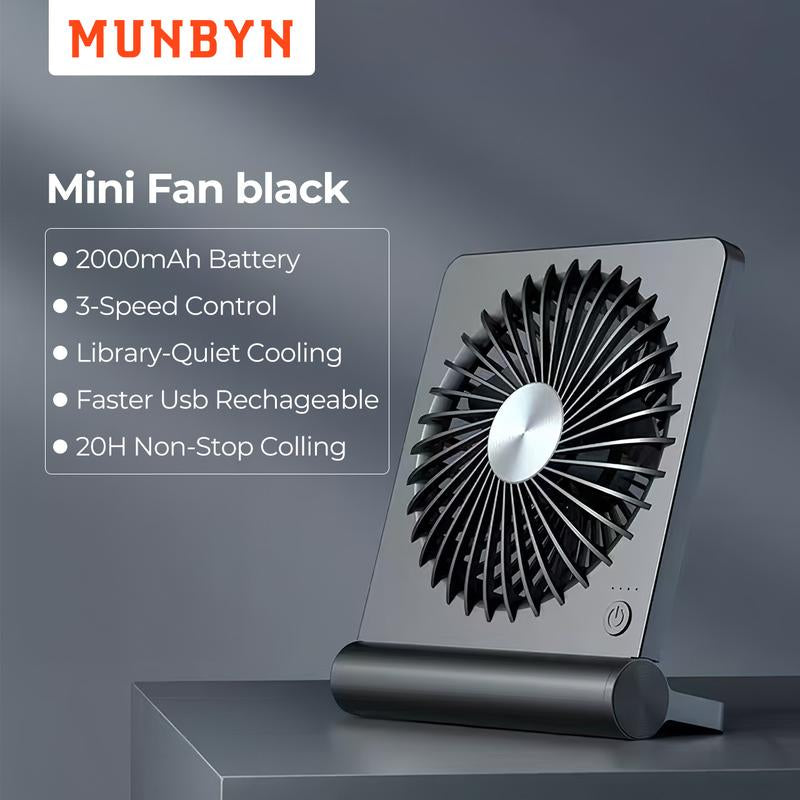 【MUNBYN Mini Desk Fan】Rechargeable Fan with Strong Airflow&2000Mah Battery, Portable Fan for Summer with 3 Speed Adjustable Ultra-Quiet Table Fan, Room Accessories
