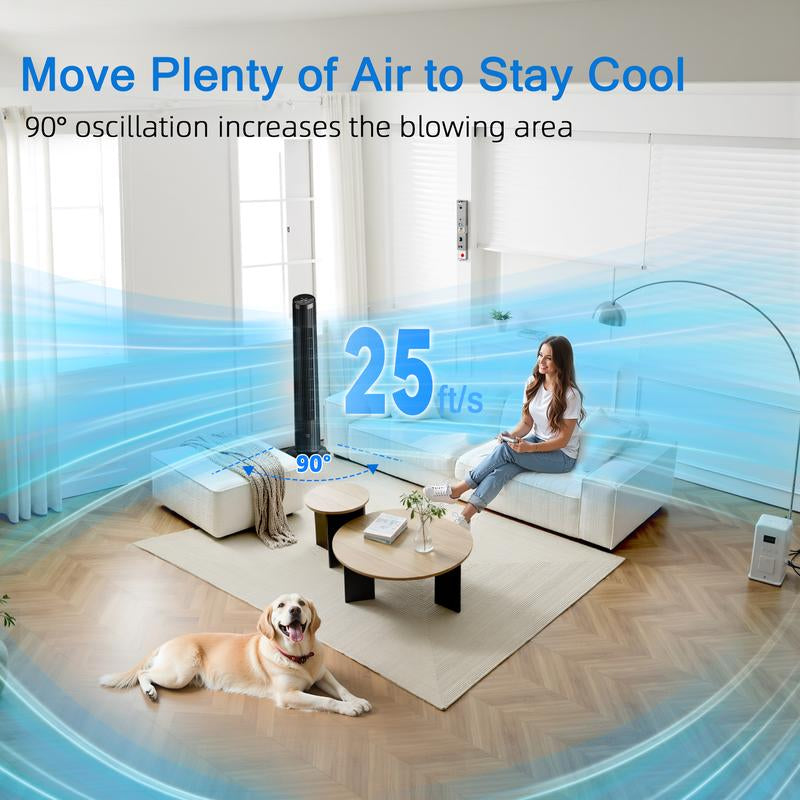 MANASTIN Smart Tower Fan for Bedroom，90° Oscillating Fans for Indoors with 4 Speeds, 4 Modes，25Db Quiet, Black