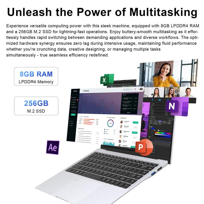 RNRUO Windows 11 Laptop, 14-Inch 1366*768 TN Display, Intel N4000 Dual-Core Processor,2.6Ghz,8Gb RAM, 256GB SSD ROM, 4800Mah Long Battery Life, Suitable for Student Study, Business Office and Other Scenarios
