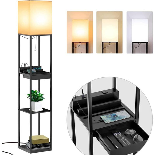 Shelf Floor Lamps for Living Room,Tall Standing Lamp with Shelves and Drawer,2 USB Charging Ports & 2 Power Outlet,Bright 3CCT LED Bulb Included - Black